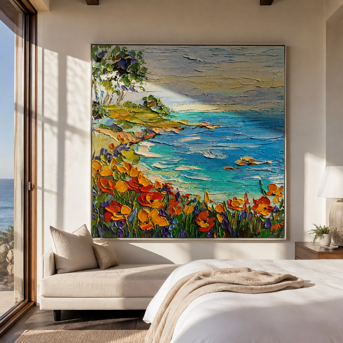 Textured Italian village artwork hung above a dining table