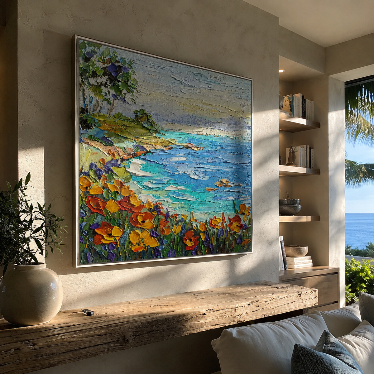 Positano-style painting above a living room sofa with blue cushions