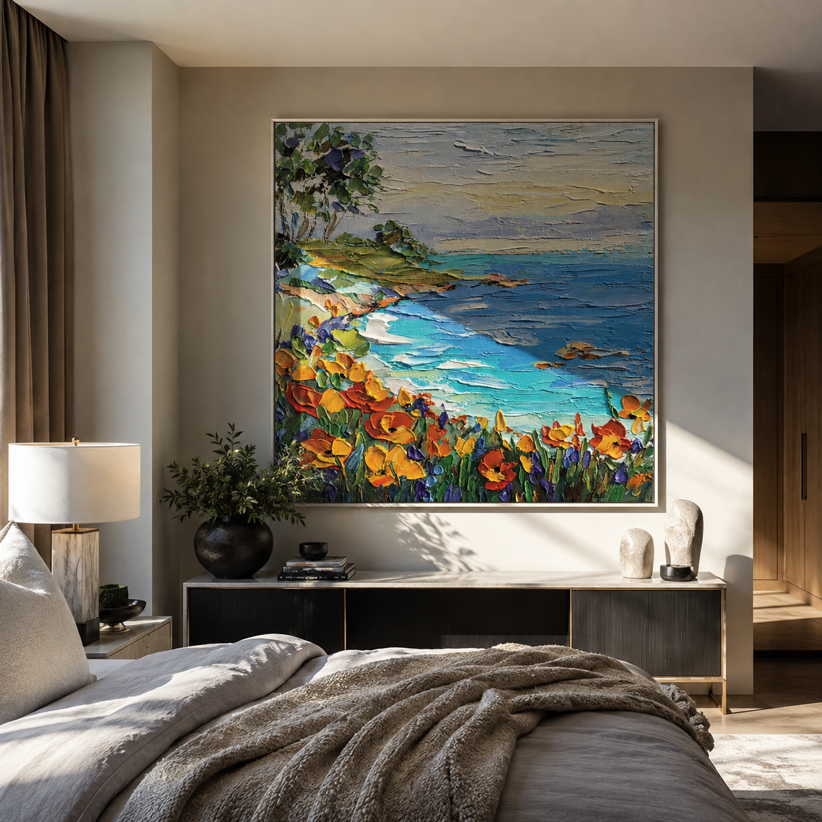 Cliffside village canvas hung in a bright hallway