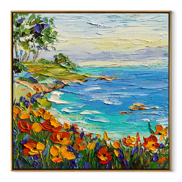 Positano Afternoon Light – Blue & Terracotta Cliffside Village Painting | Coastal Living Room Wall Art