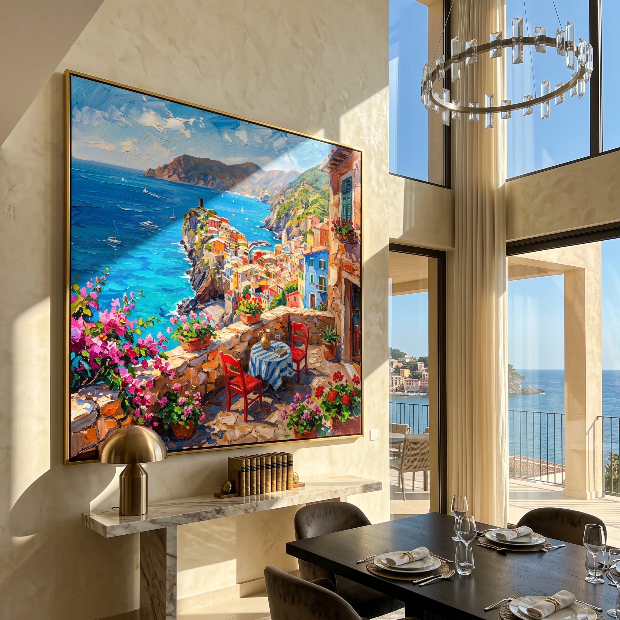 Terrace for Two – red and blue coastal terrace painting, square hand-painted canvas art