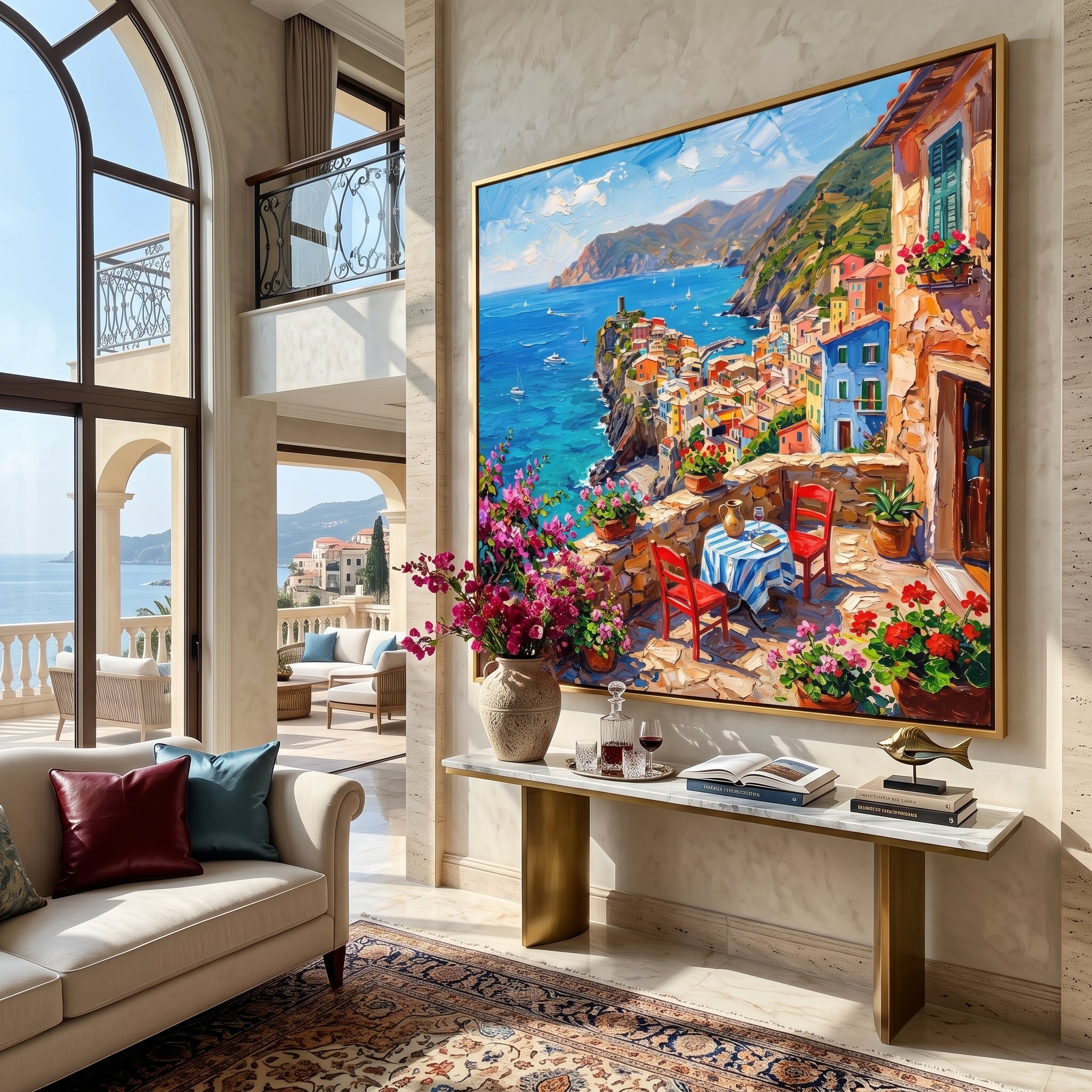 Coastal terrace painting with red chairs displayed above a living room sofa