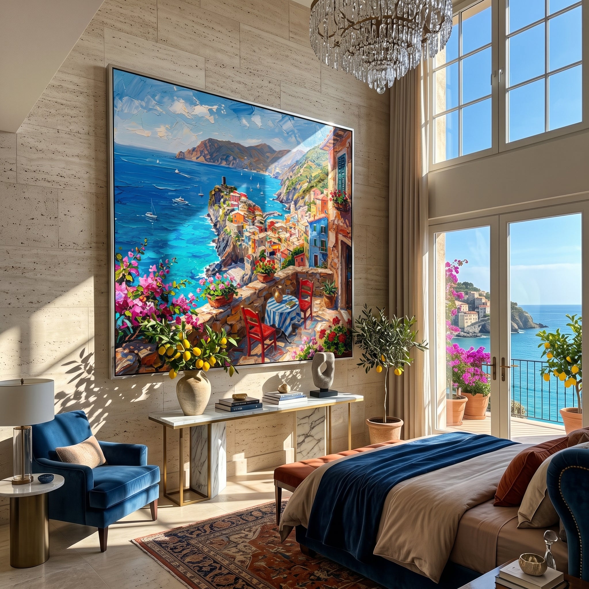 Terrace painting above a home office desk with bookshelves