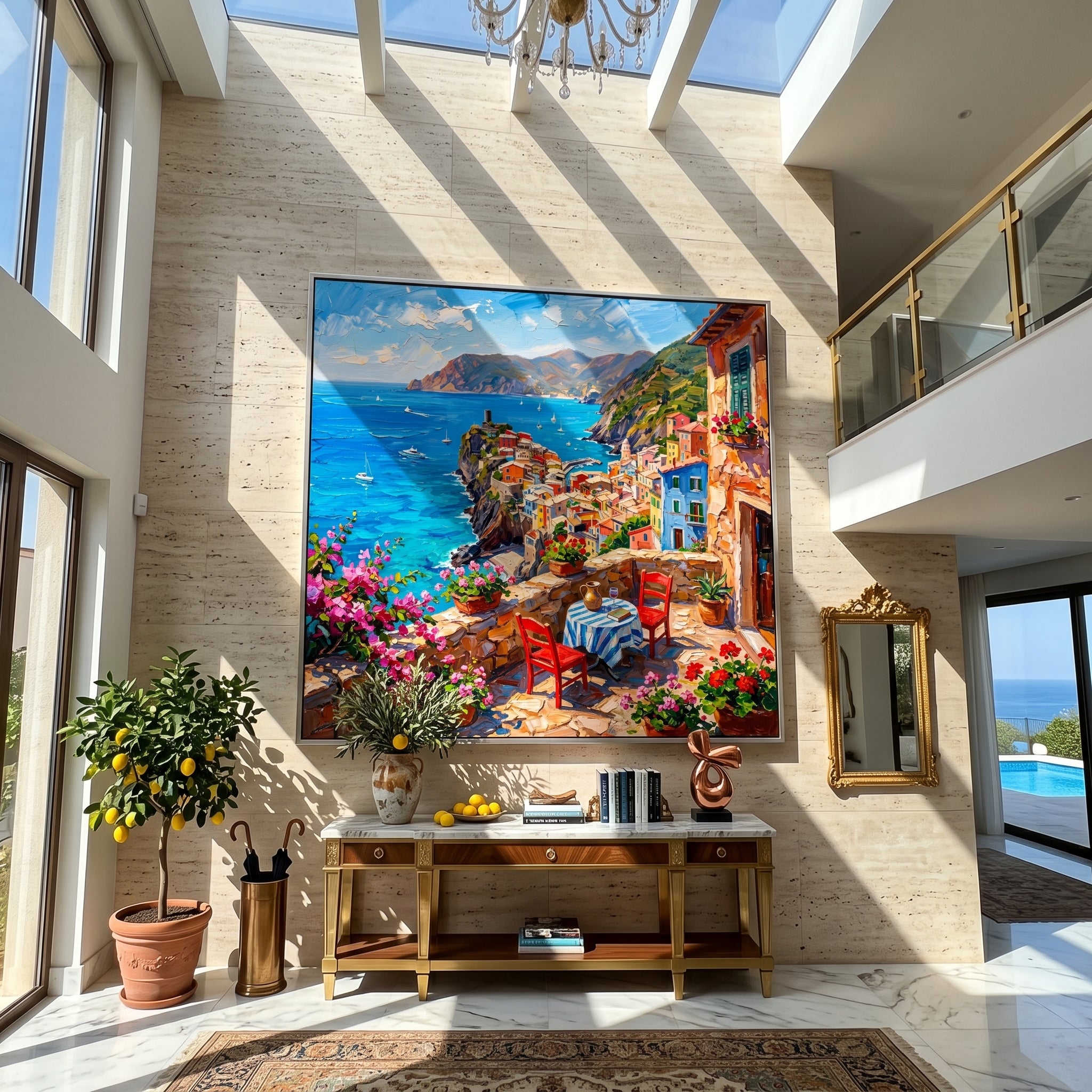 Coastal terrace canvas hung in a bright dining room