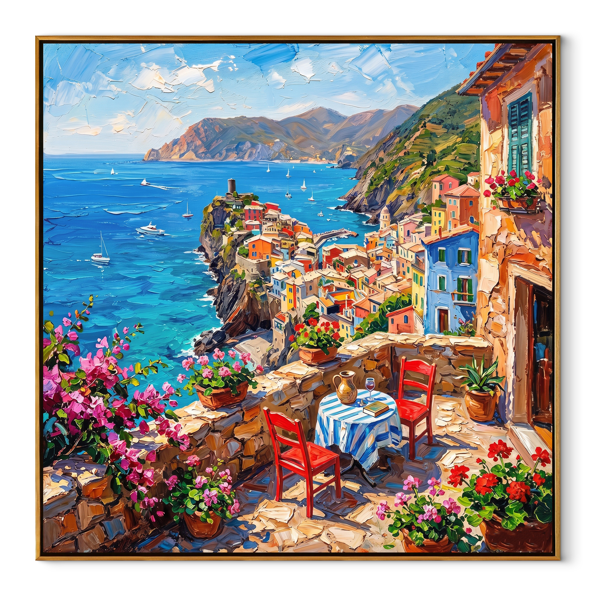 Terrace for Two painting in a wood frame on a white background