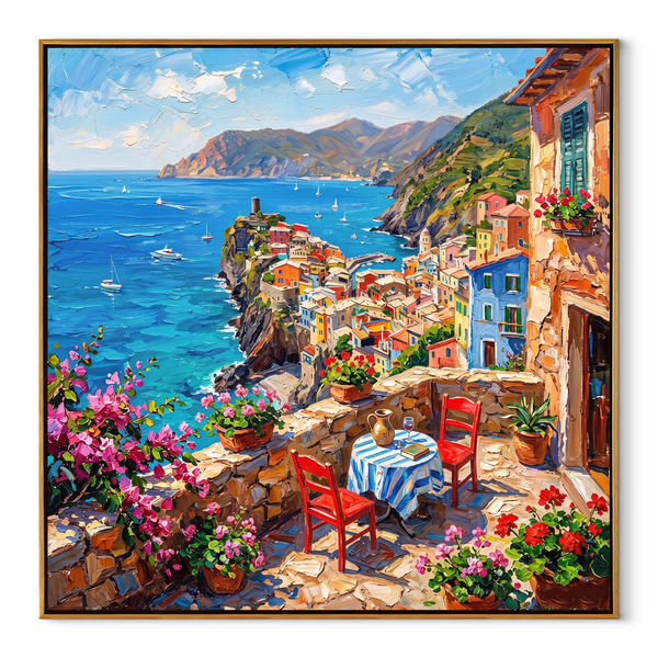 Terrace for Two – Red & Blue Coastal Terrace Painting | Coastal Living Room Wall Art