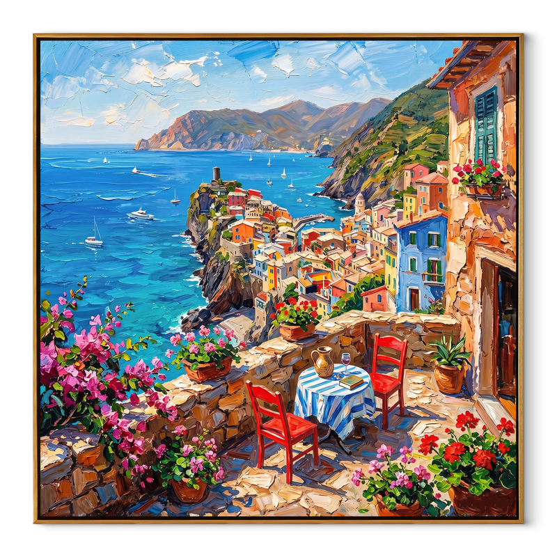 Terrace for Two – Red & Blue Coastal Terrace Painting | Coastal Living Room Wall Art