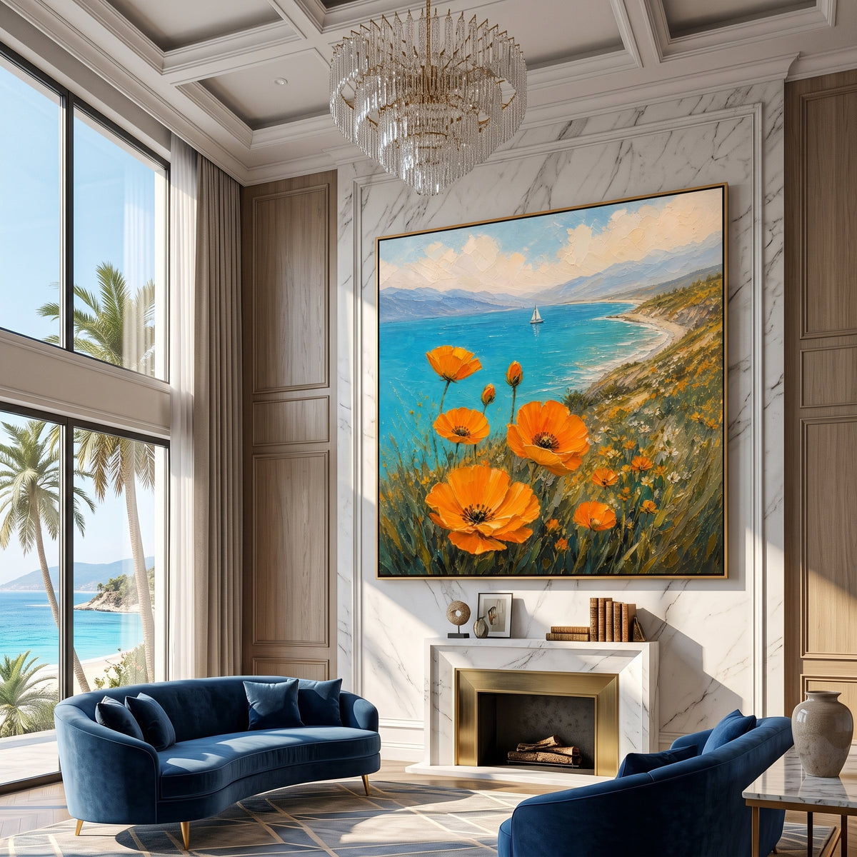 Orange poppy field painting with a distant sailboat displayed above a bed