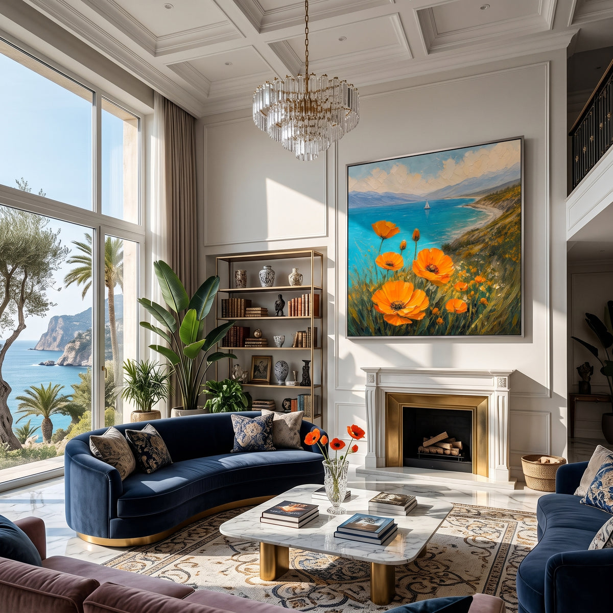 Textured poppy meadow artwork hung above a console table in an entryway