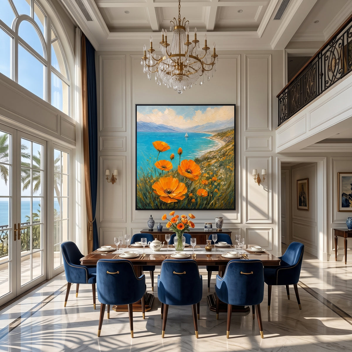 Poppy field painting above a living room sofa with neutral cushions