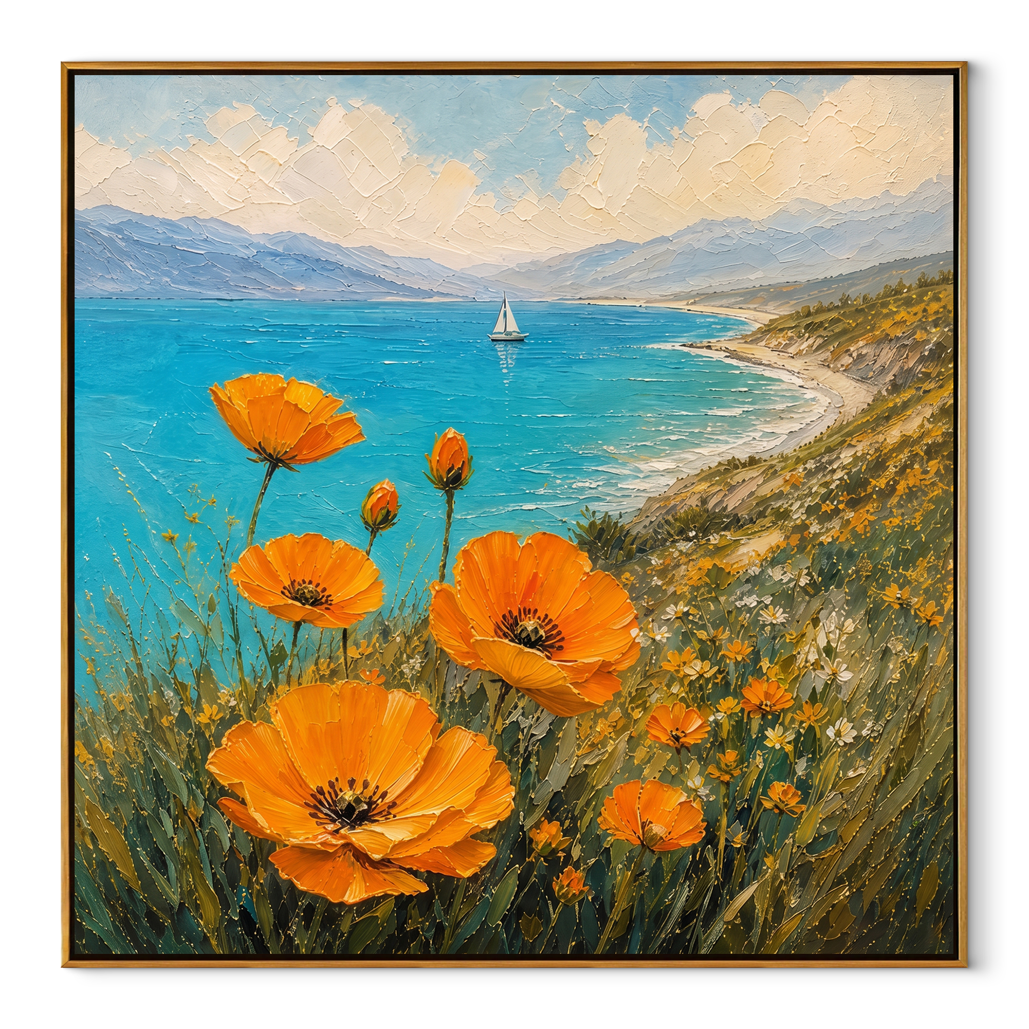Sail Beyond Poppy Fields painting in a wood frame on a white background