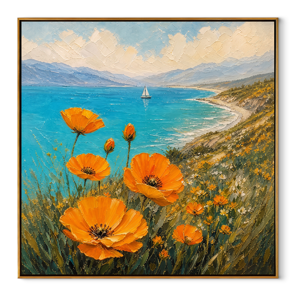 Sail Beyond Poppy Fields – Orange & Blue Coastal Painting | Coastal Bedroom Wall Art