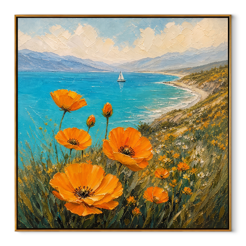 Sail Beyond Poppy Fields – Orange & Blue Coastal Painting | Coastal Bedroom Wall Art