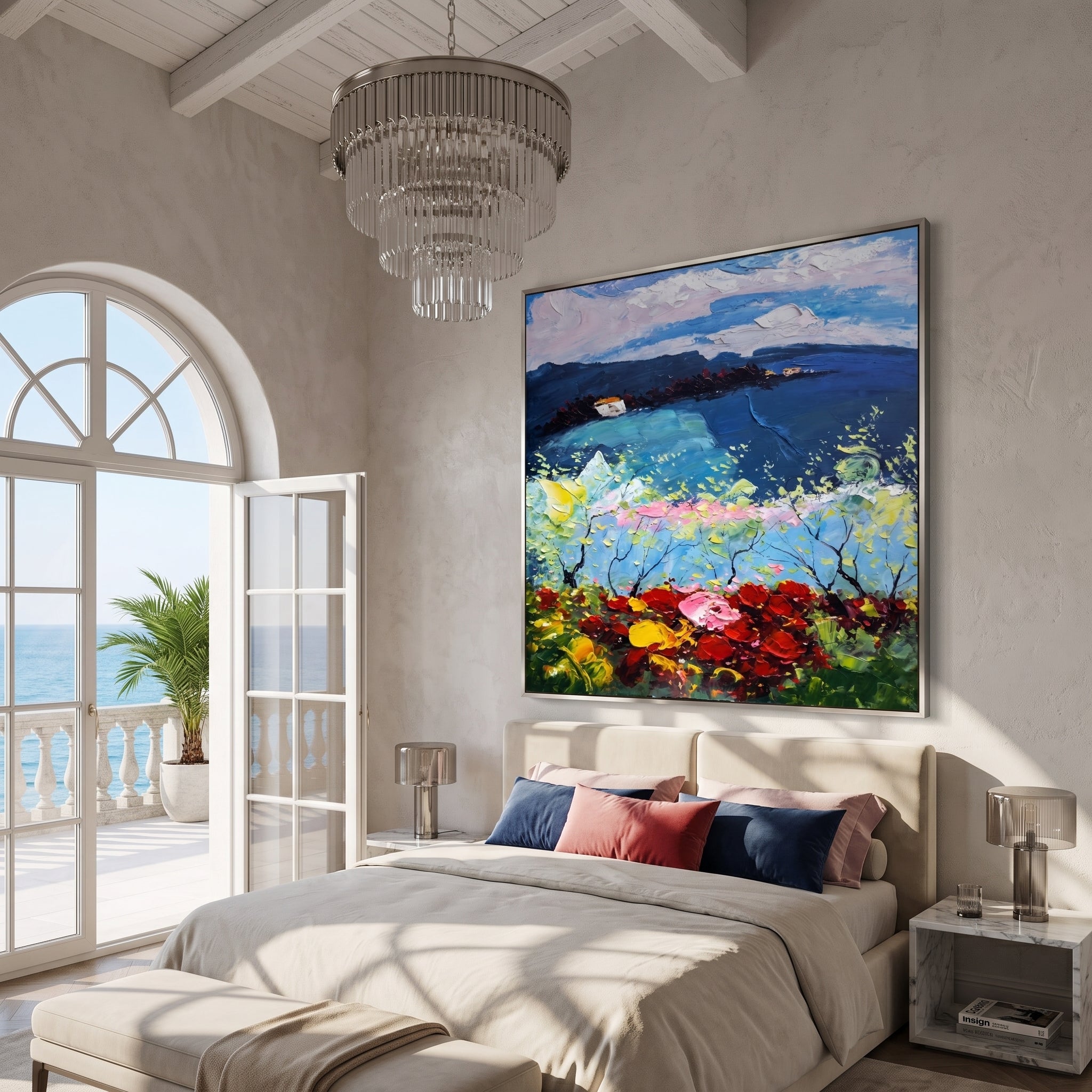 Twilight Blossom Coast – navy and pink coastal landscape painting, square hand-painted canvas art