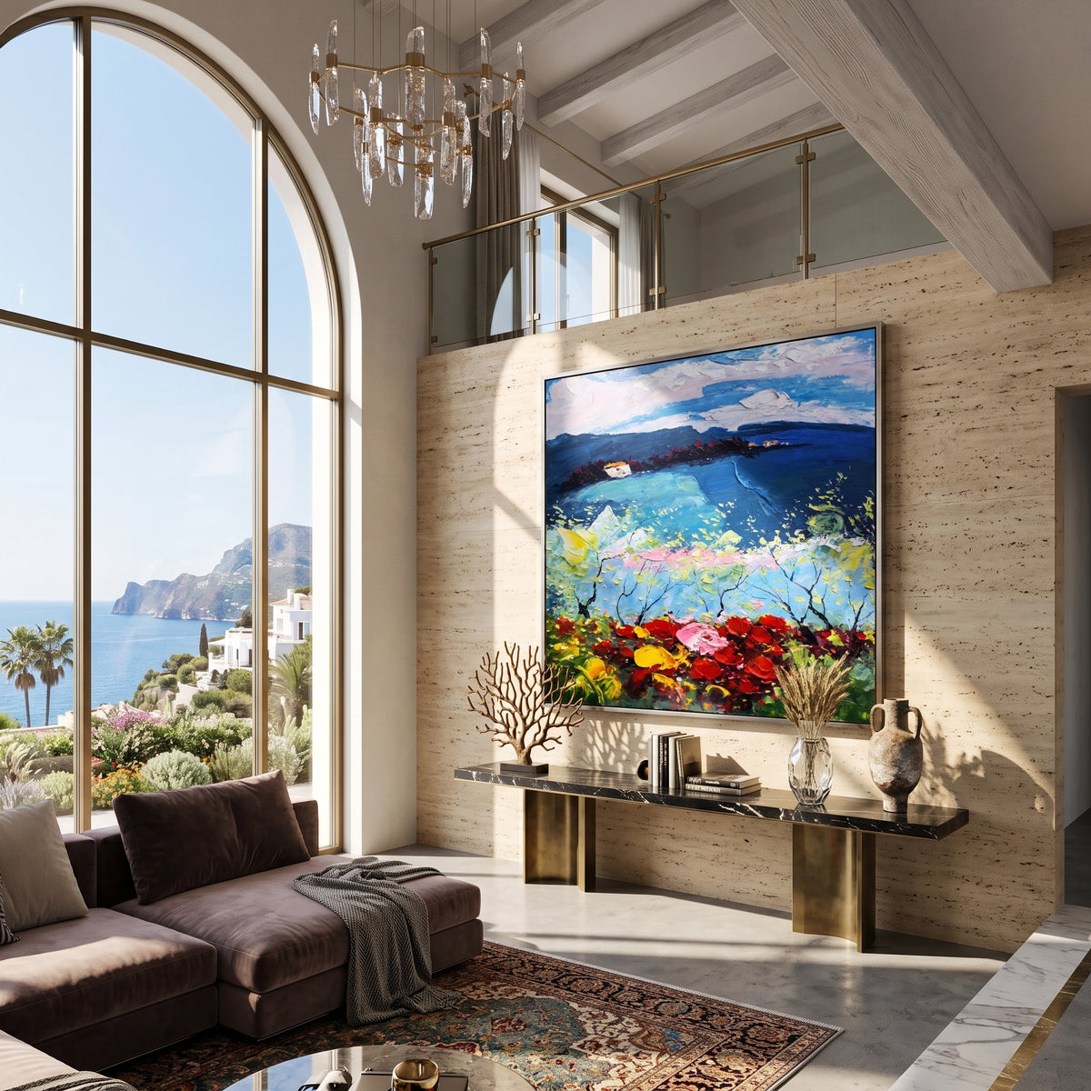 Textured twilight artwork hung above a console table in an entryway