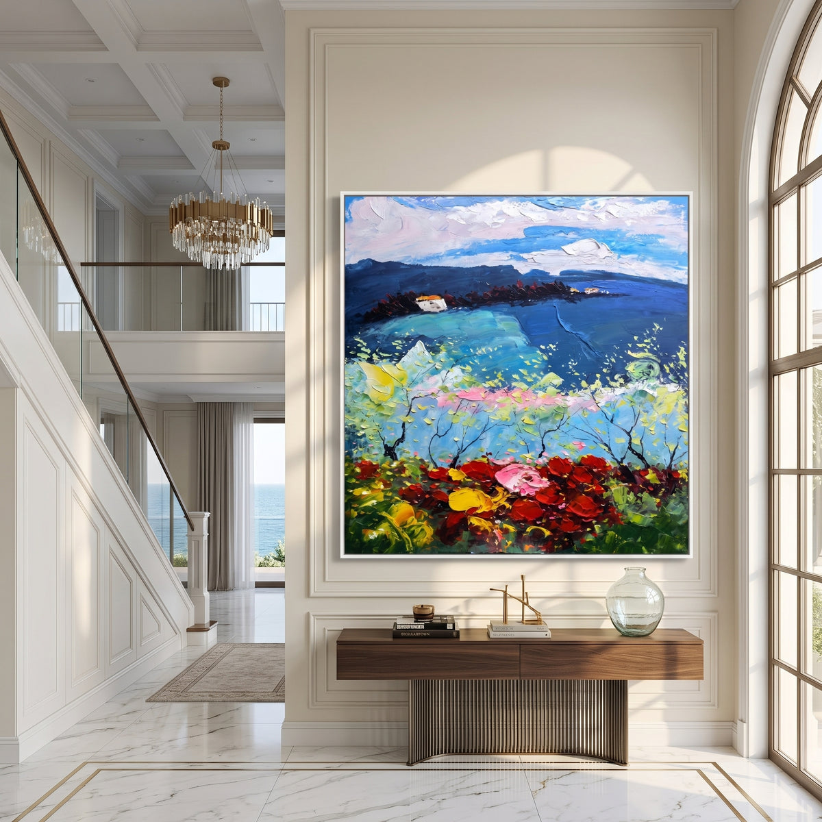 Blossom coast painting above a living room sofa with pink cushions