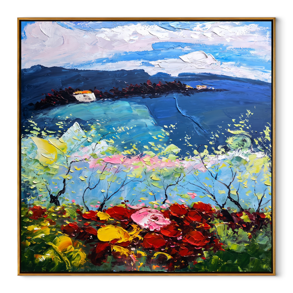 Twilight Blossom Coast – Navy & Pink Coastal Painting | Coastal Living Room Wall Art