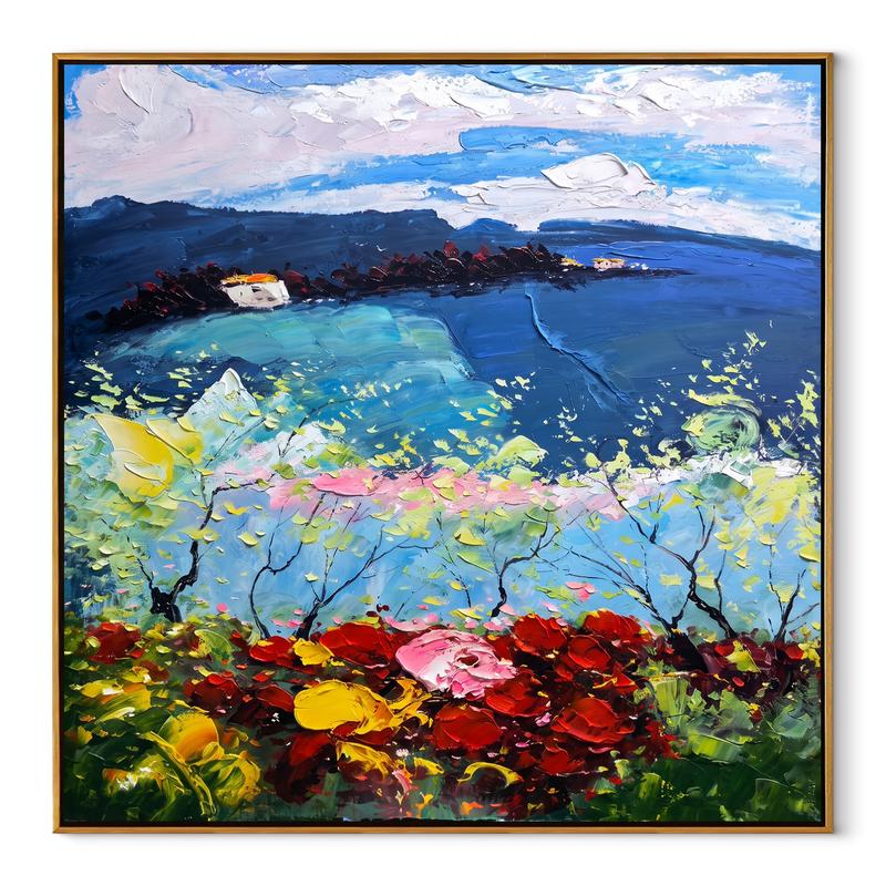 Twilight Blossom Coast – Navy & Pink Coastal Painting | Coastal Living Room Wall Art