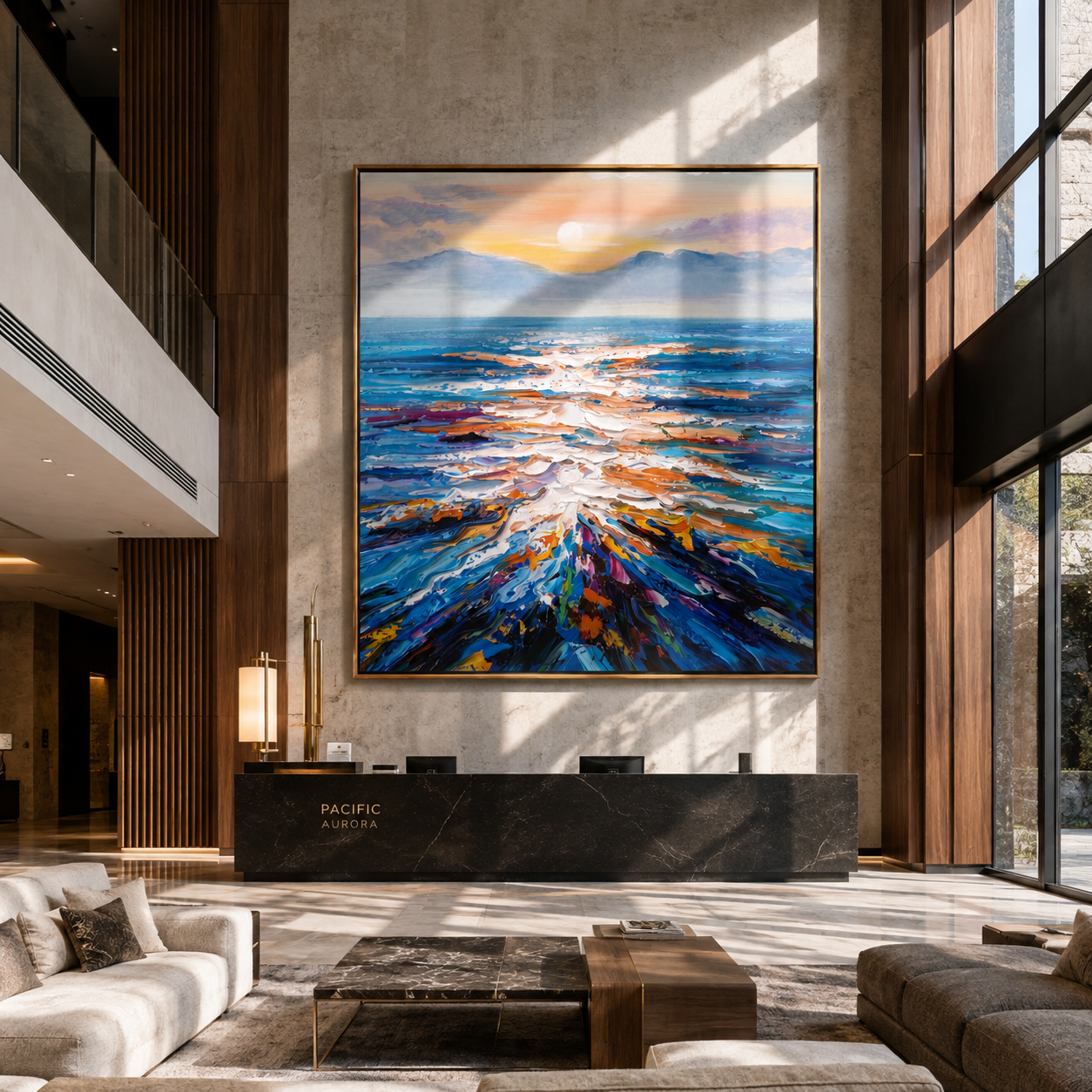 Sunset wave painting canvas hung in a bright dining room