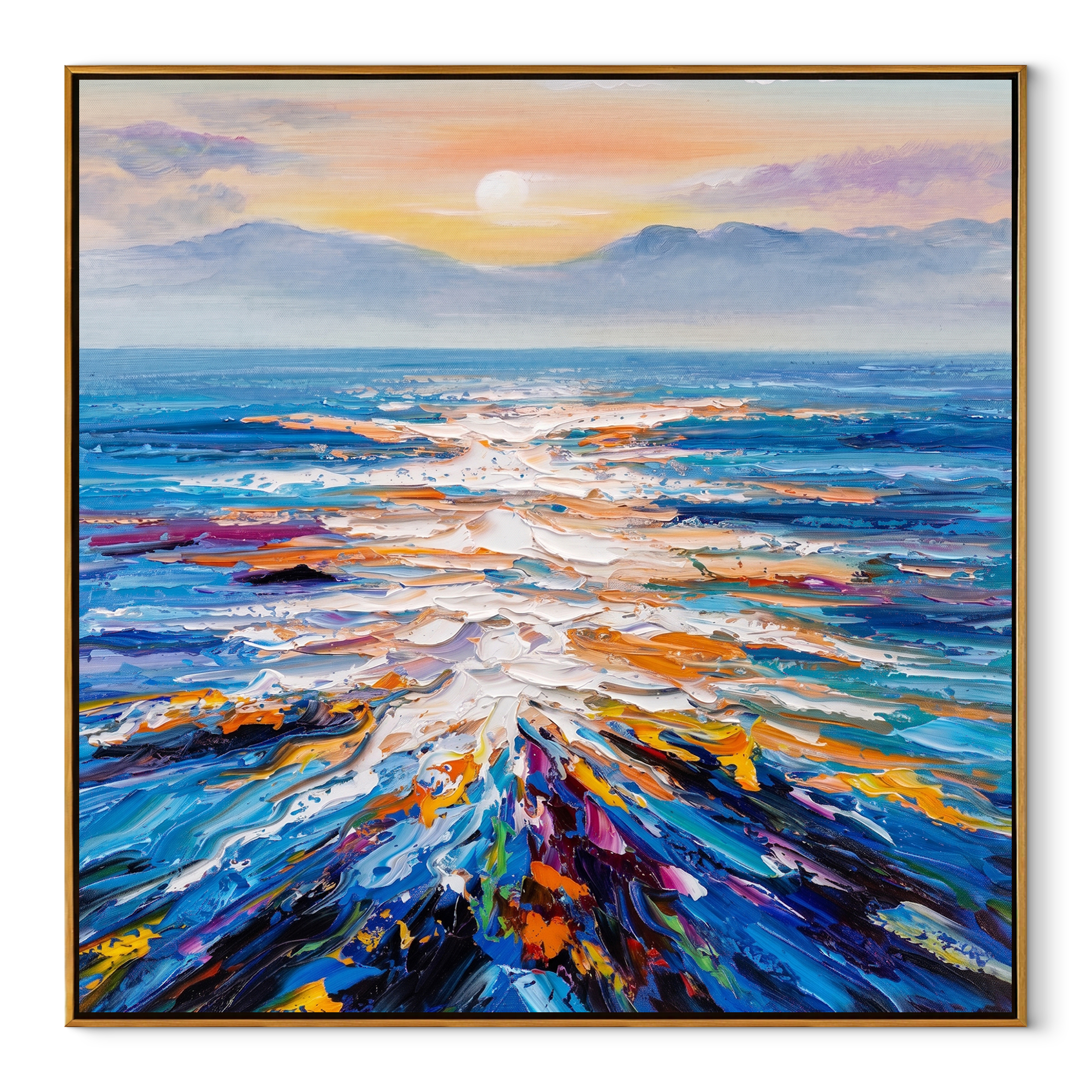 Sunset Tide Convergence painting in a wood frame on a white background
