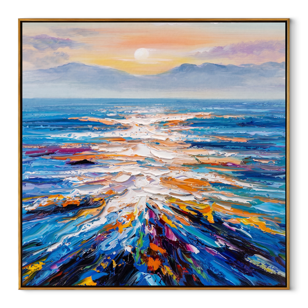 Sunset Tide Convergence – Orange & Purple Abstract Seascape Painting | Coastal Living Room Wall Art