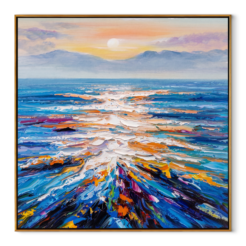 Sunset Tide Convergence – Orange & Purple Abstract Seascape Painting | Coastal Living Room Wall Art