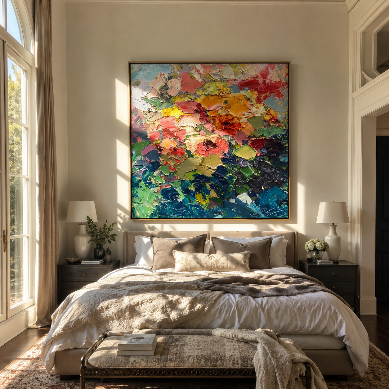 Crimson Petal Blaze – red, orange, and green abstract floral painting, square hand-painted canvas art