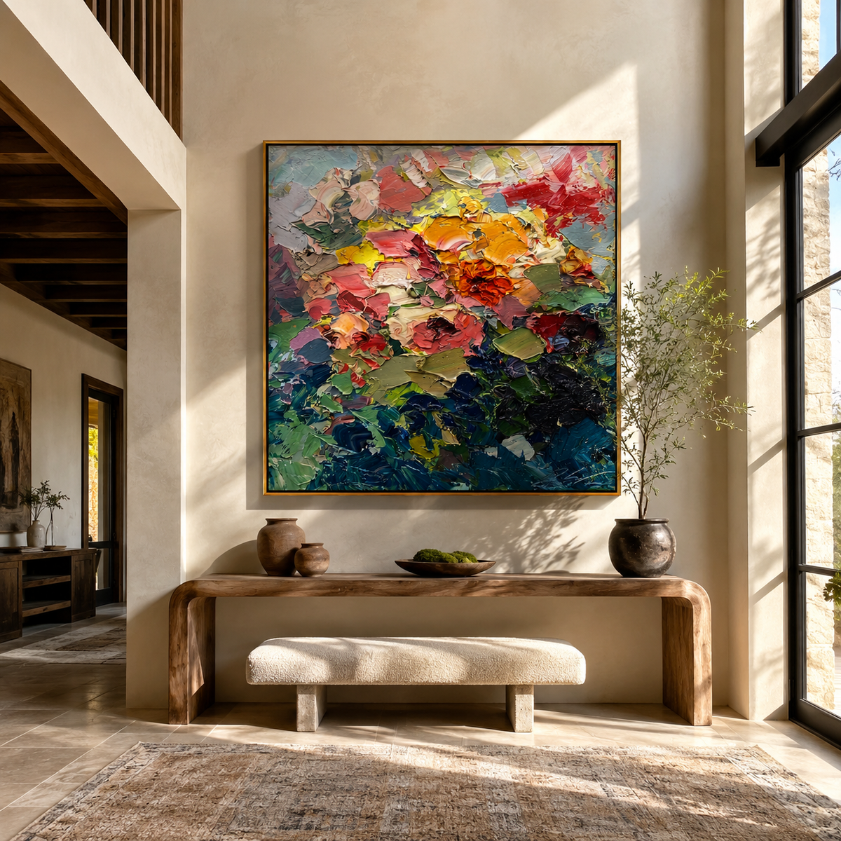 Colorful textured painting displayed in a bright dining room with a wood table