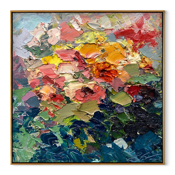 Crimson Petal Blaze – Bold Abstract Floral Painting | Colorful Textured Square Wall Art