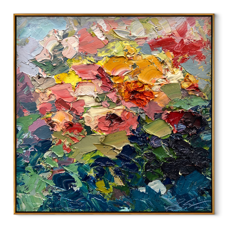 Crimson Petal Blaze – Bold Abstract Floral Painting | Colorful Textured Square Wall Art