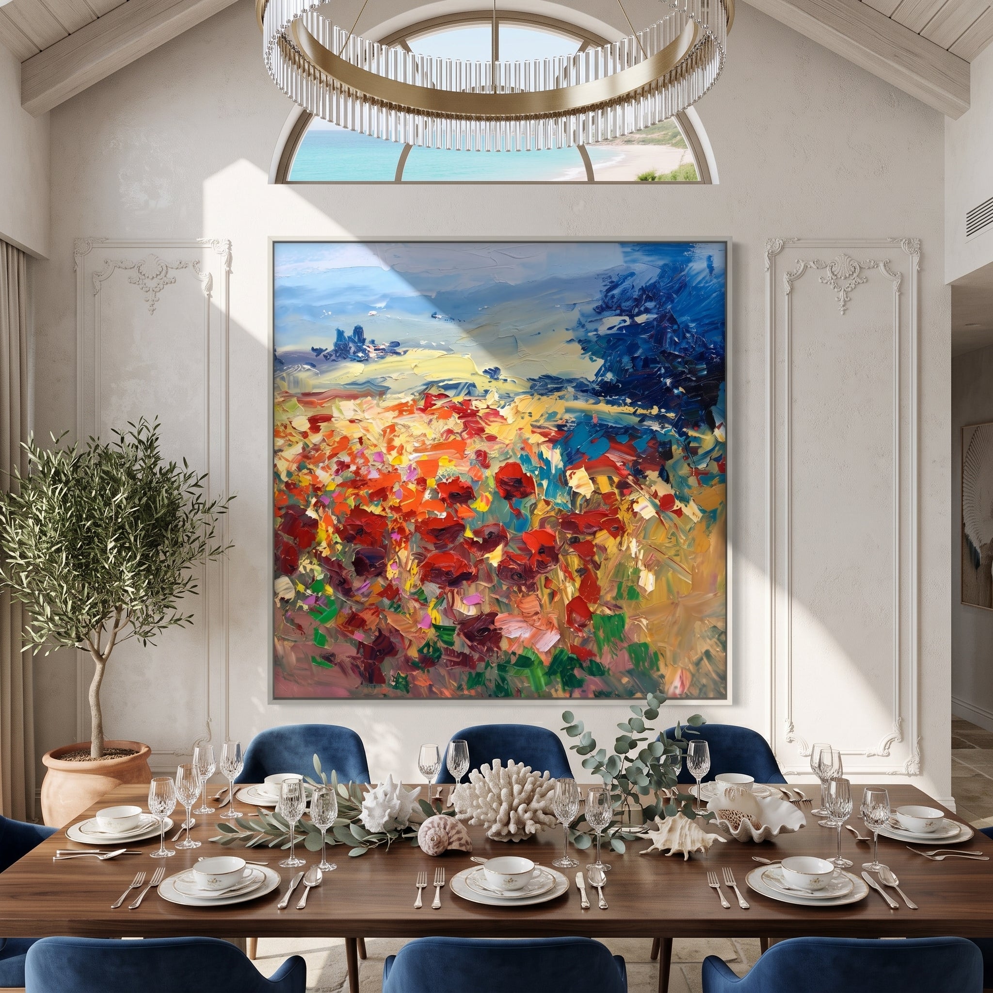 Amber Poppy Horizon – abstract poppy field painting, square hand-painted canvas art