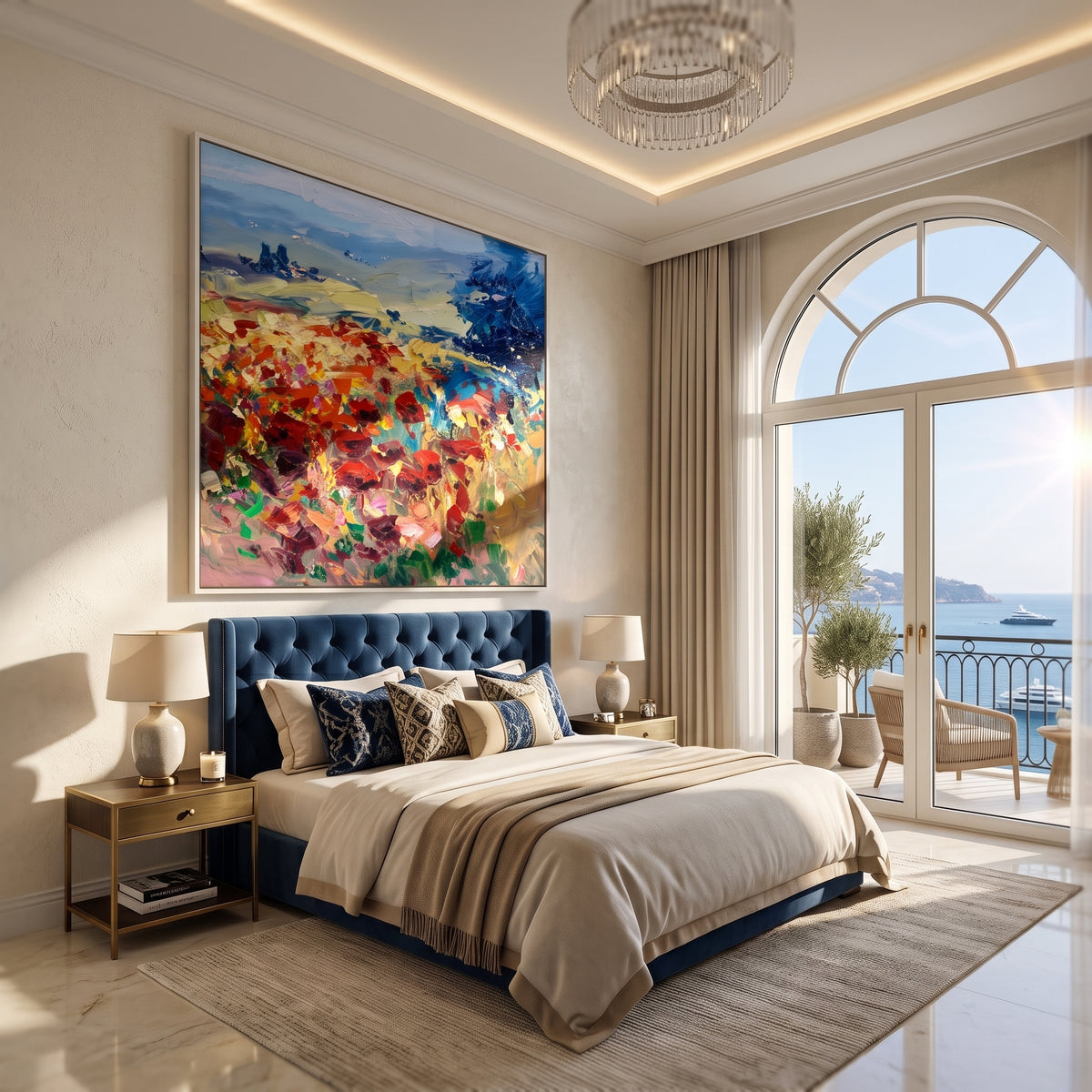Textured poppy field canvas hung above a bedroom headboard with ocean view
