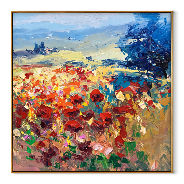 Amber Poppy Horizon – Abstract Poppy Field Painting | Colorful Square Wall Art