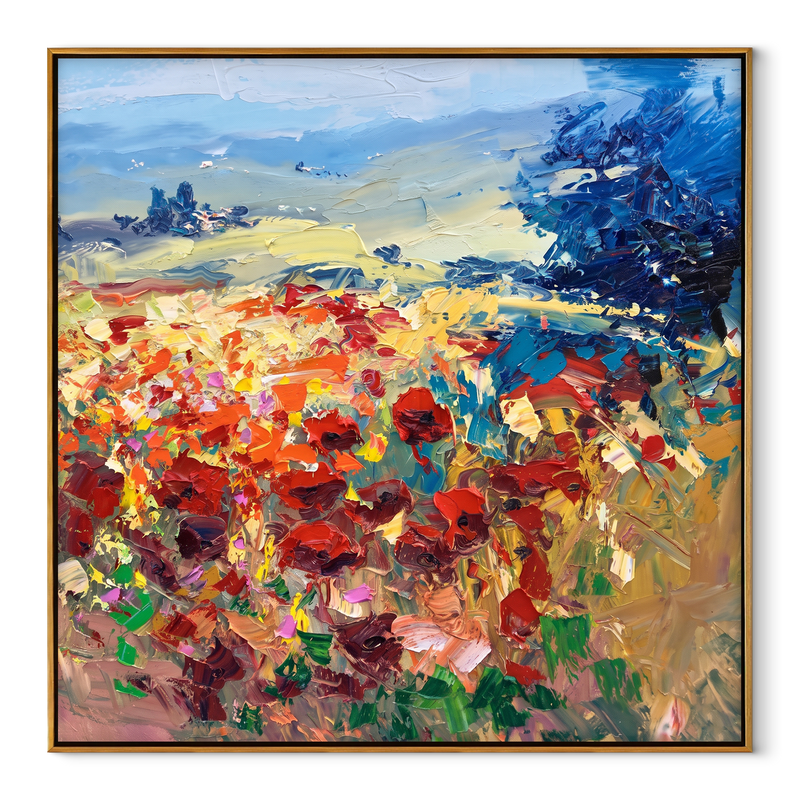 Amber Poppy Horizon – Abstract Poppy Field Painting | Colorful Square Wall Art