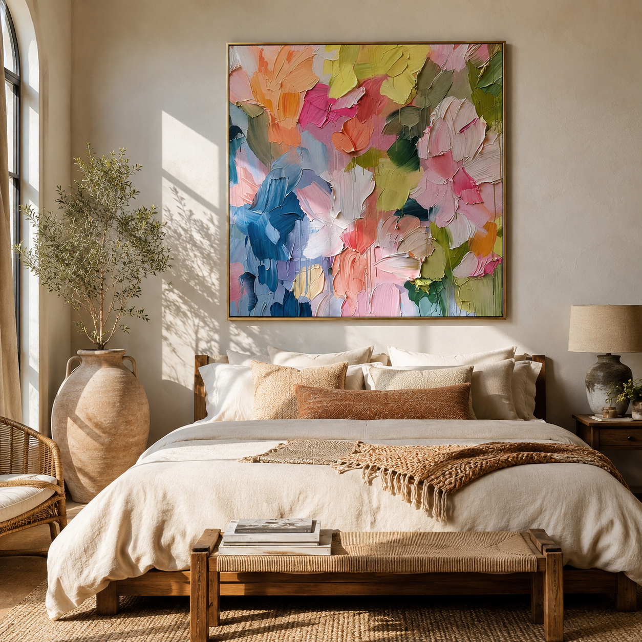 Garden Bloom Cascade – colorful floral abstract painting, square hand-painted canvas art