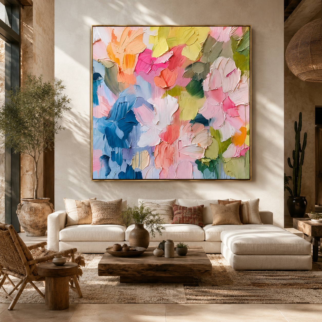 Colorful floral abstract painting displayed above a bedroom bed
