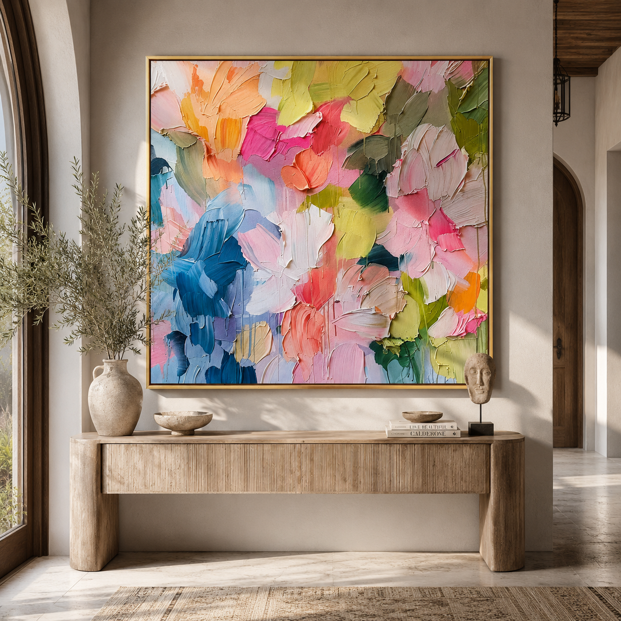 Square floral abstract canvas hung in a living room setting