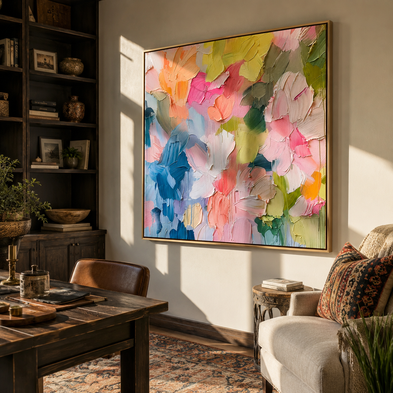 Garden Bloom Cascade painting shown above a console table