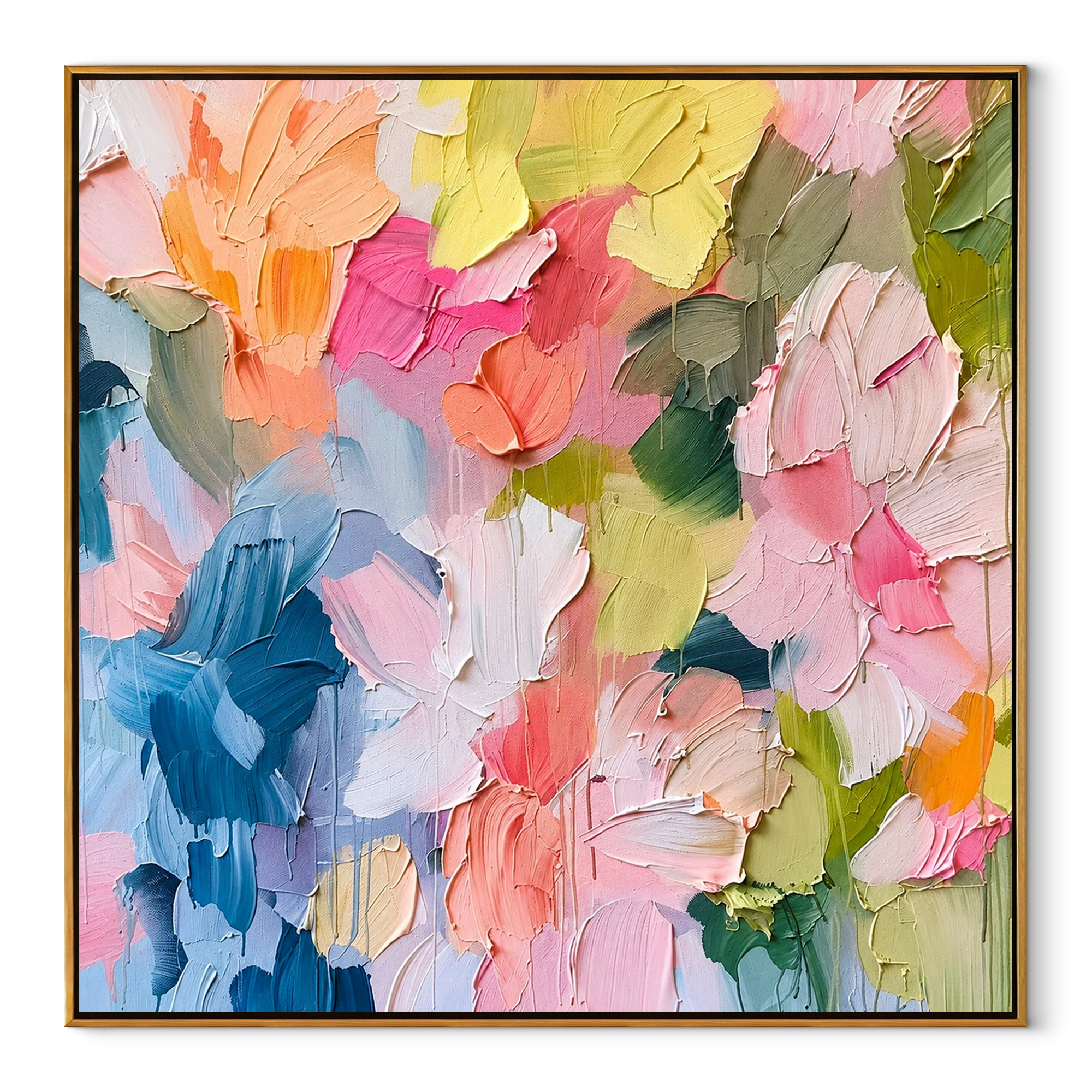 Garden Bloom Cascade floral painting in a wood floating frame on white background