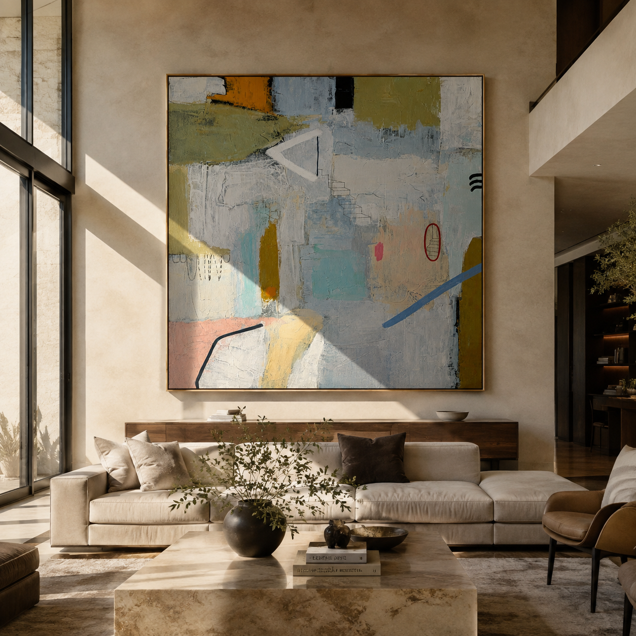 Neutral geometric abstract painting displayed above a black media console