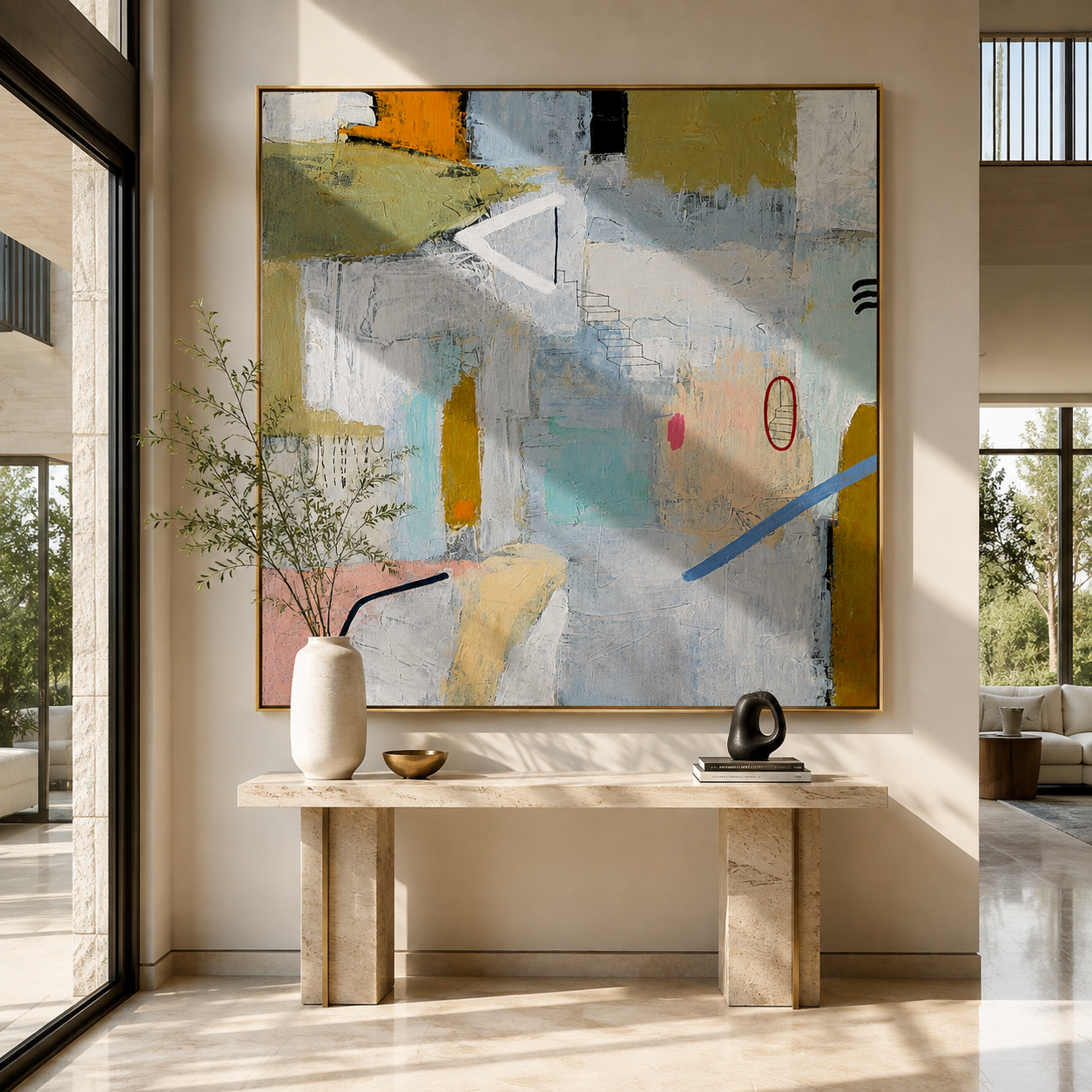 Square geometric abstract canvas hung at an angle in a modern hallway