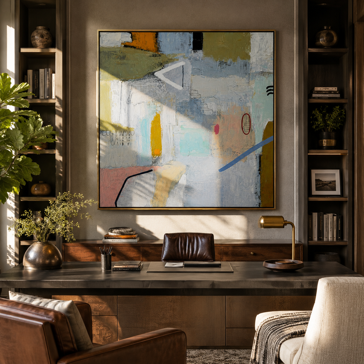 Quiet Studio Fragments painting shown above a bedroom headboard