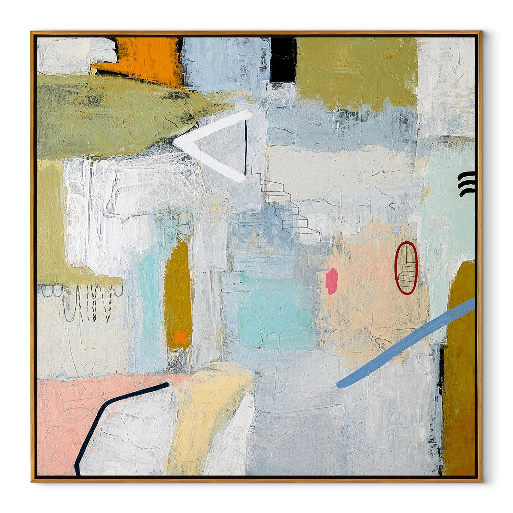 Quiet Studio Fragments geometric painting in a wood floating frame on white background