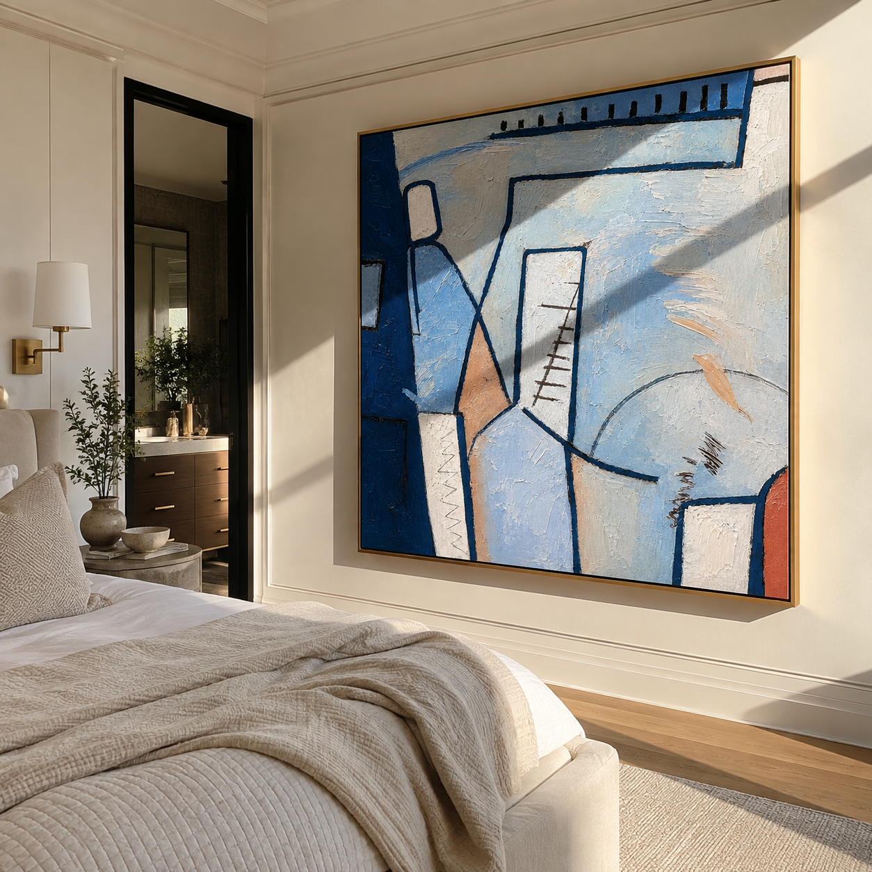 Blue Cubist Passage – blue geometric cubist abstract painting, square hand-painted canvas art