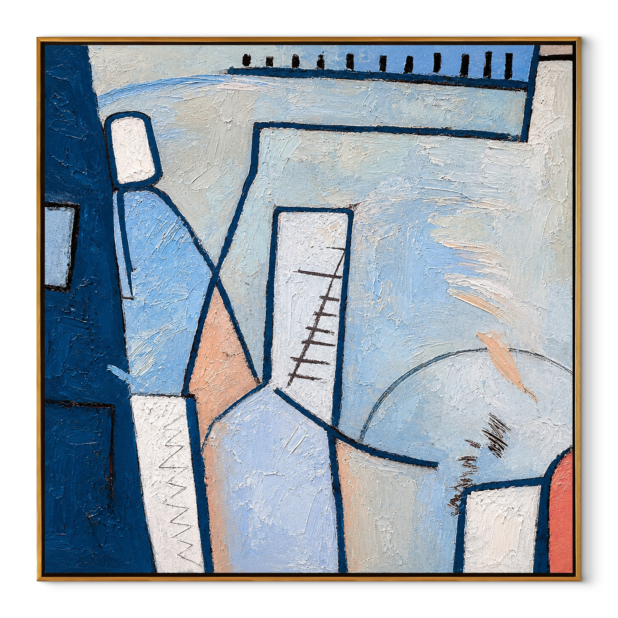Blue Cubist Passage painting in a wood floating frame on white background