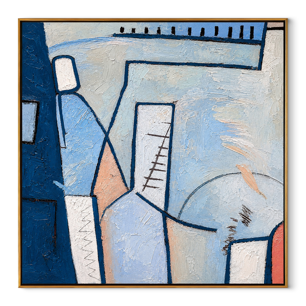 Blue Cubist Passage – Blue Geometric Abstract Painting | Modern Square Bedroom Wall Art