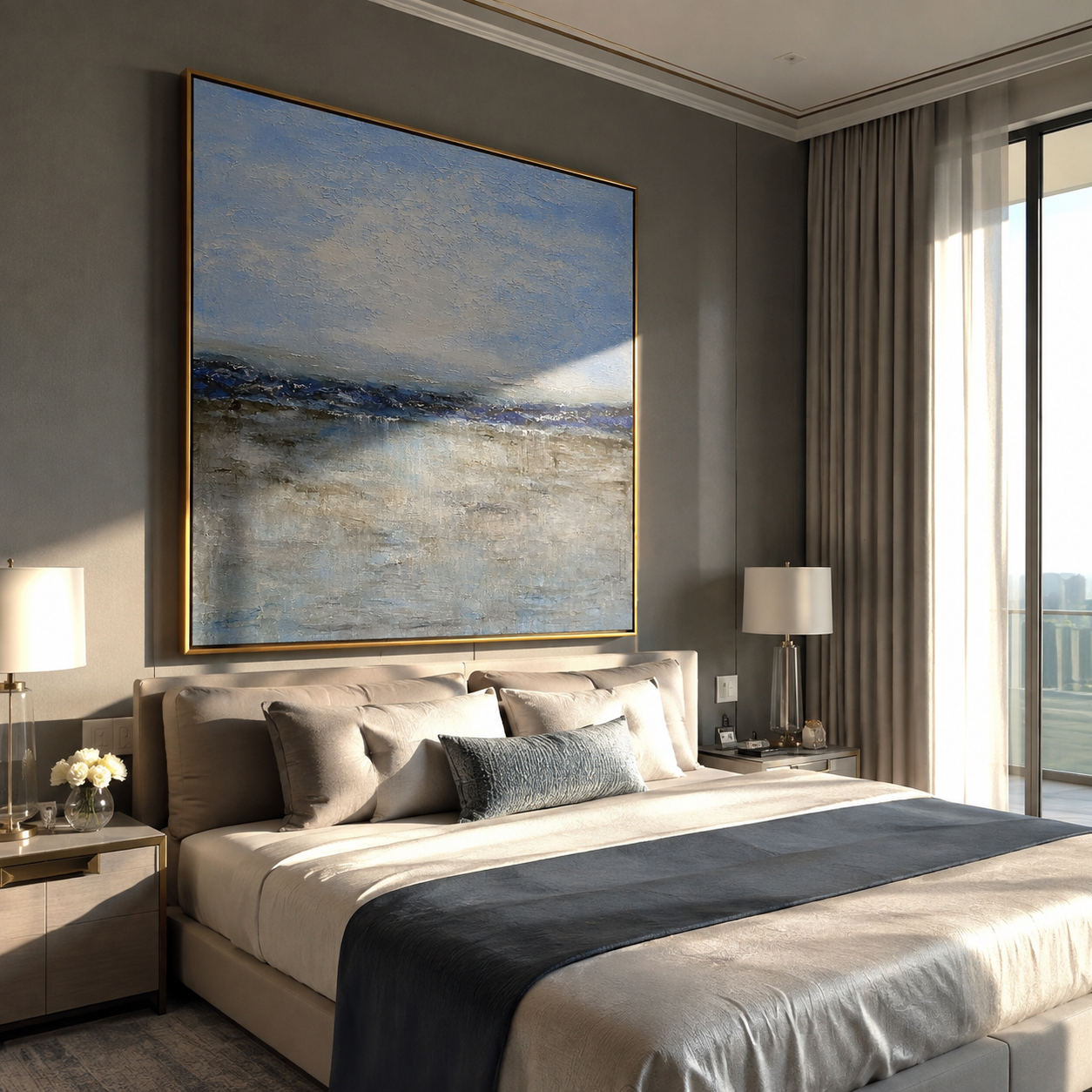 Silent Water Line – minimalist blue horizon painting, square hand-painted canvas art