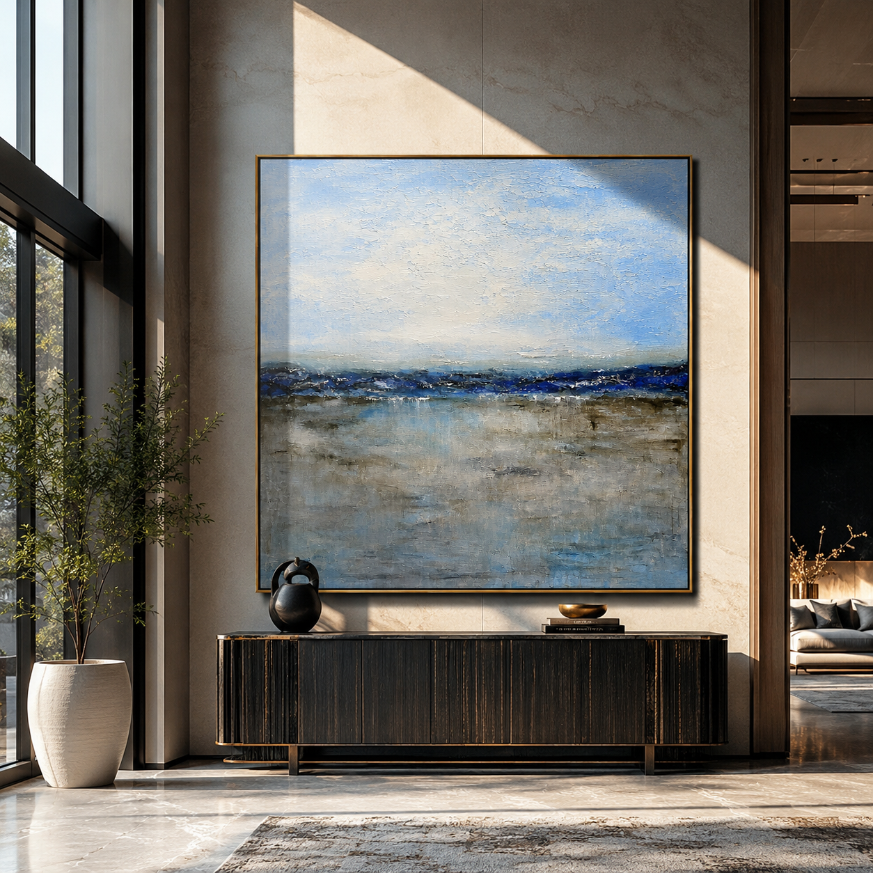 Close-up of soft brushed impasto texture in a blue and beige minimalist painting