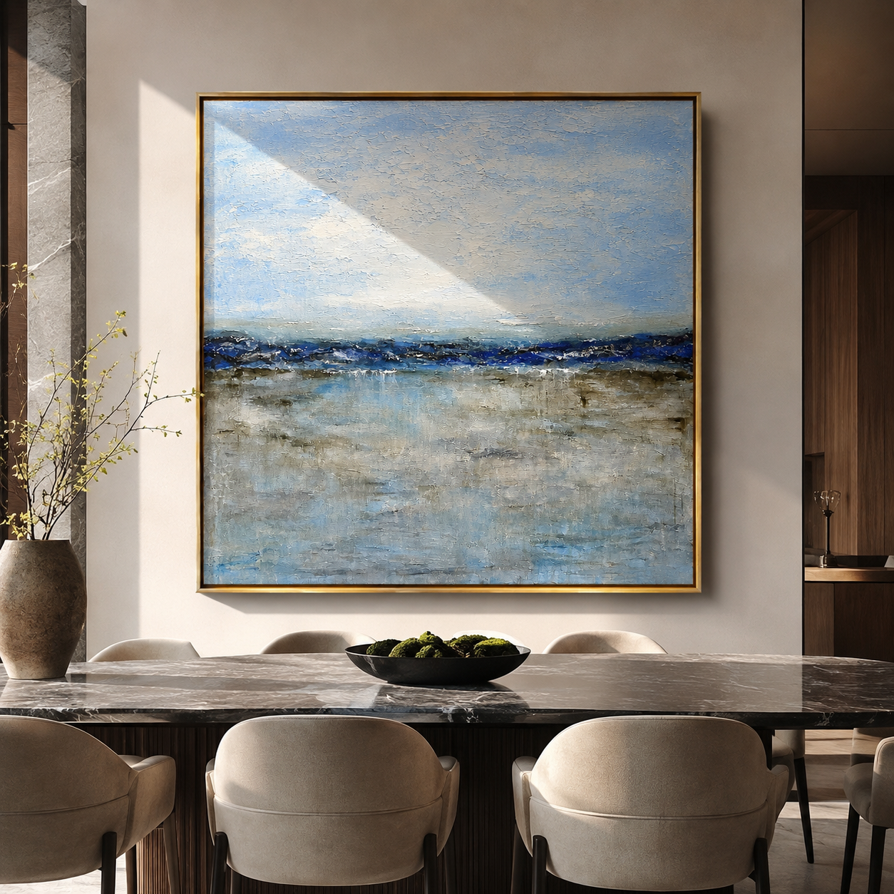 Square minimalist horizon canvas hung above a home office desk