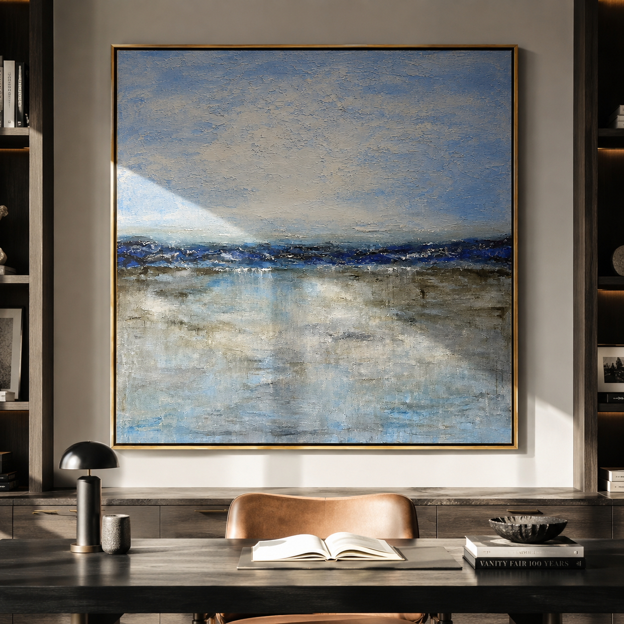 Silent Water Line painting shown in a calm hallway setting